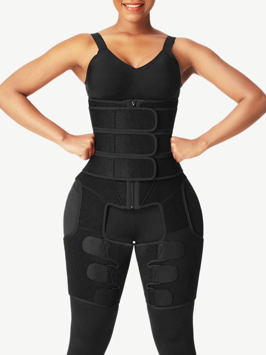 E- Black Tummy And Thigh Shaper Neoprene 3 Belts Abdominal Control