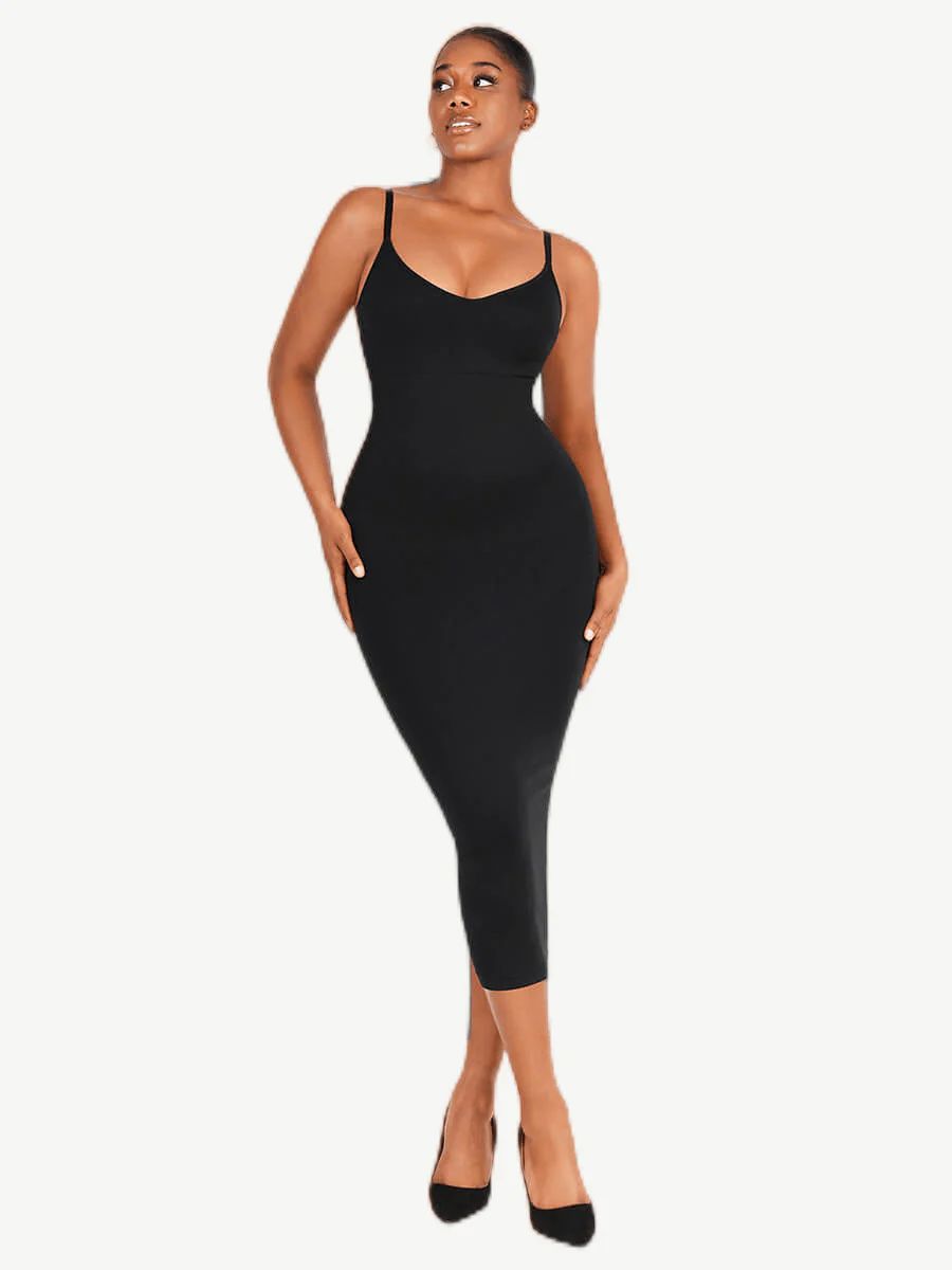 F- Eco-friendly Spaghetti Strap V-neck Snatched Seamless Shaper Dress